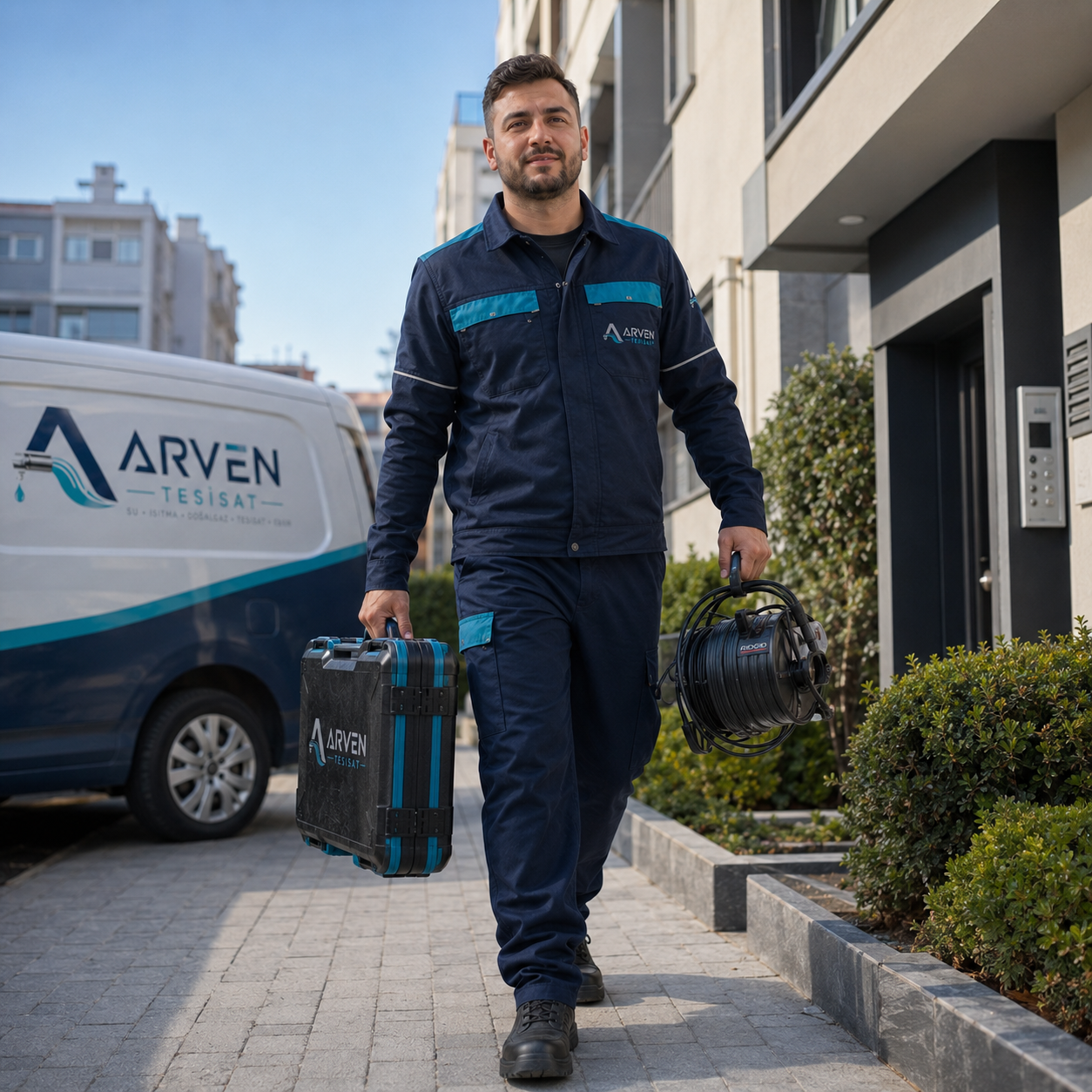 Arven Tesisat logolu servis aracı yanında tesisat ekibi