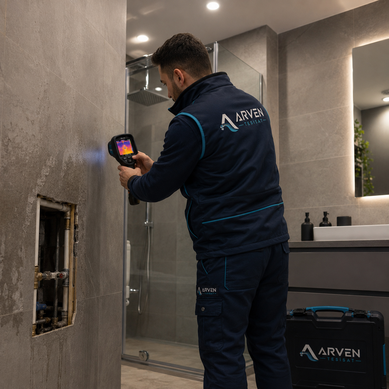 Arven Tesisat ekibi termal kamera ile banyo duvarında su kaçağı tespiti yapıyor