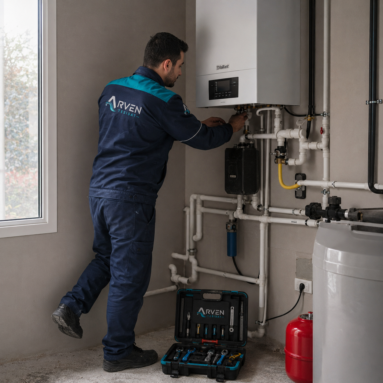 Arven Tesisat ekibi kombi ve kalorifer tesisatı hattını kontrol ediyor