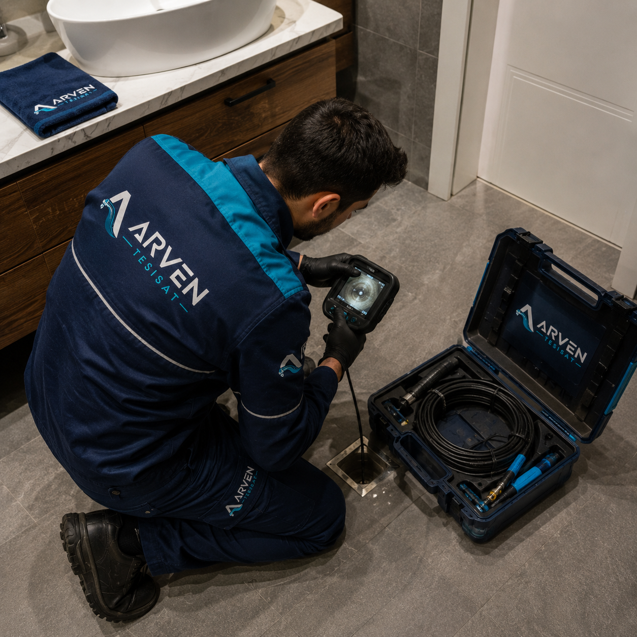 Arven Tesisat ekibi lavabo altında gider ve su tesisatı kontrolü yapıyor