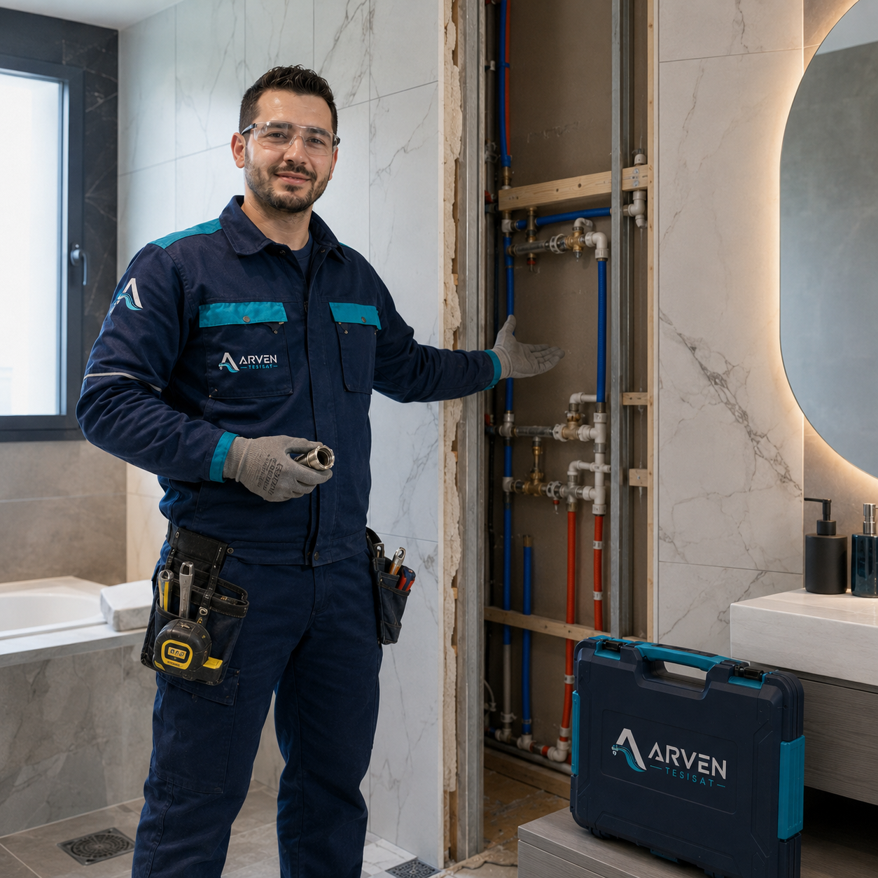 Arven Tesisat personeli banyo su tesisatı hattı yanında cihazlı kontrol yapıyor