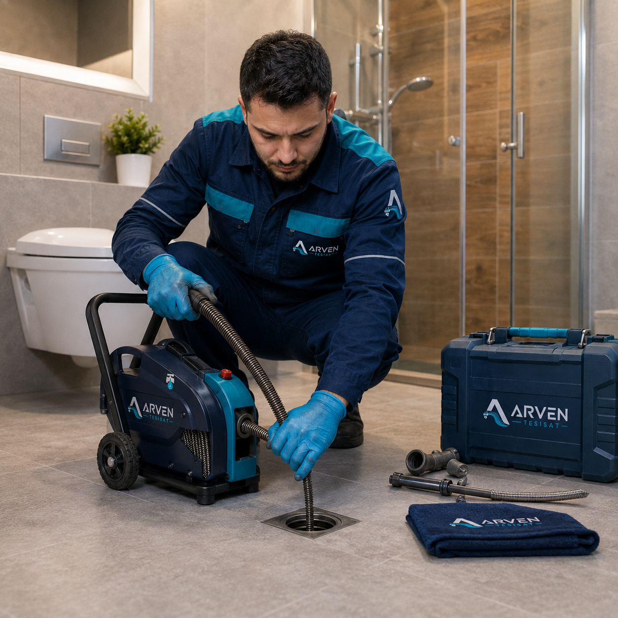 Arven Tesisat ekibi gider açma makinesiyle tıkalı gider çalışması yapıyor