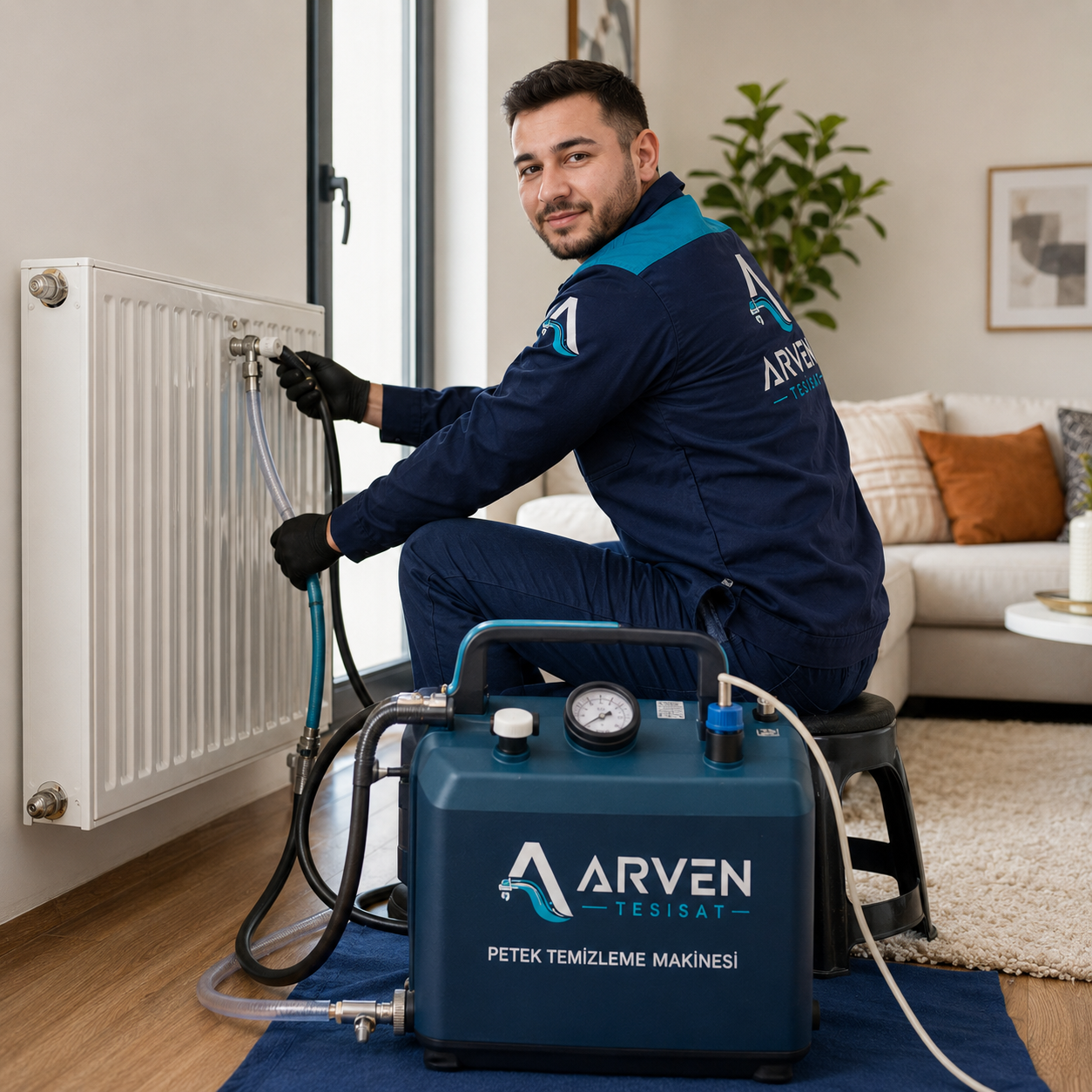 Arven Tesisat ekibi petek temizliği makinesiyle kalorifer hattı bakımı yapıyor